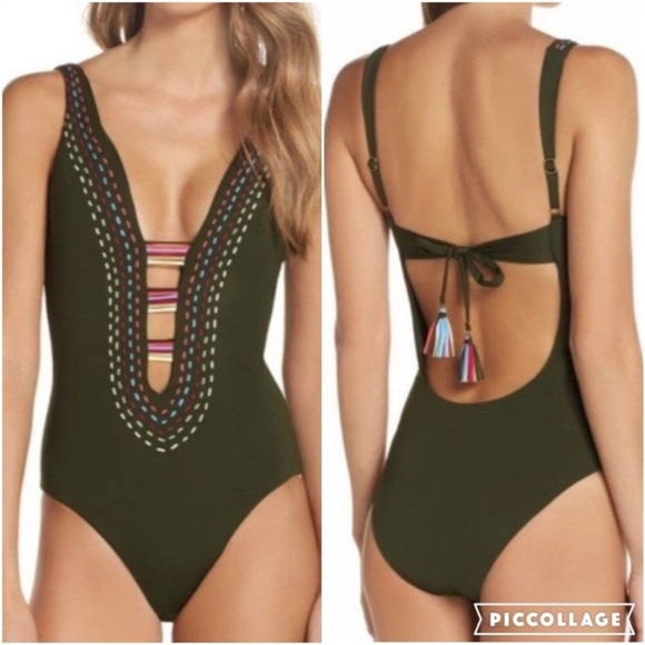 BECCA Other - BECCA Embroidered Plunge One Pc Swimsuit M Womens Quest Tassel Swim Bathing Suit
